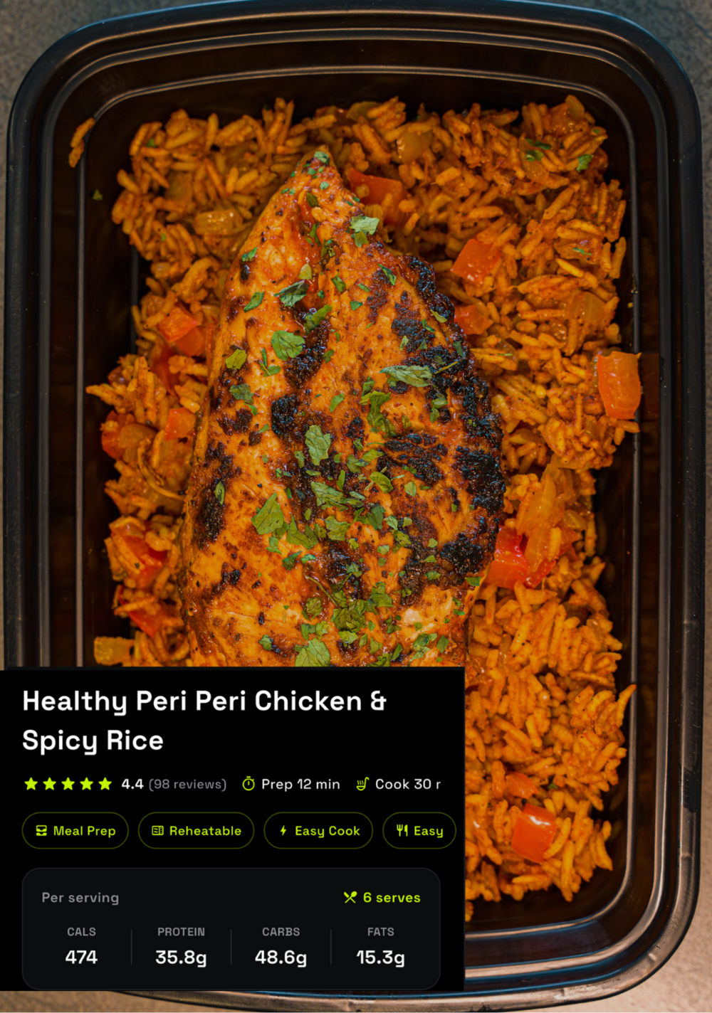 A prepared meal in a black plastic container featuring grilled chicken over orange-red spicy rice with visible green herbs, shown on a dark countertop. A product label overlay appears at the bottom with the title 'Healthy Peri Peri Chicken & Spicy Rice' and nutritional information.